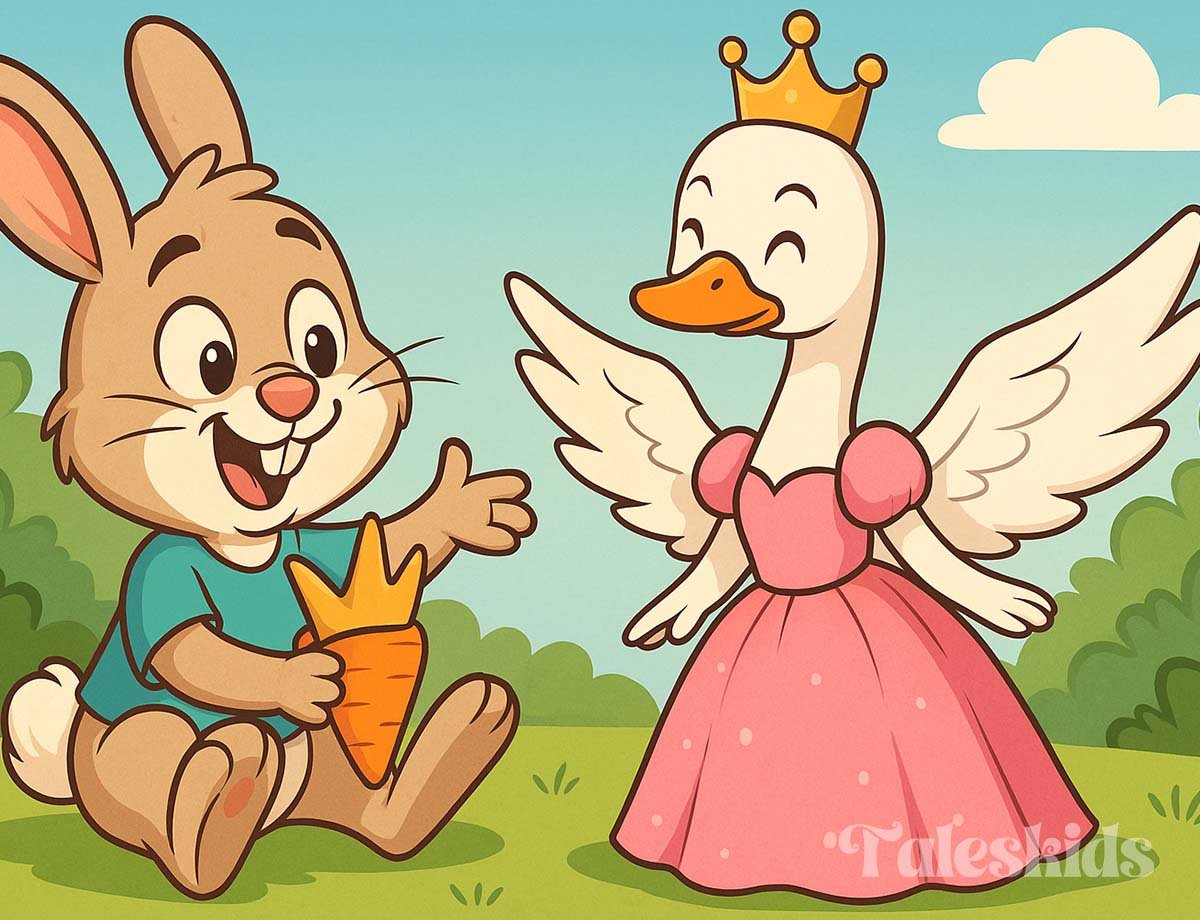 A cheerful cartoon bunny offers a carrot-shaped crown to a smiling goose princess in a pink dress, set in a colorful forest—perfect scene from bedtime stories for kids.