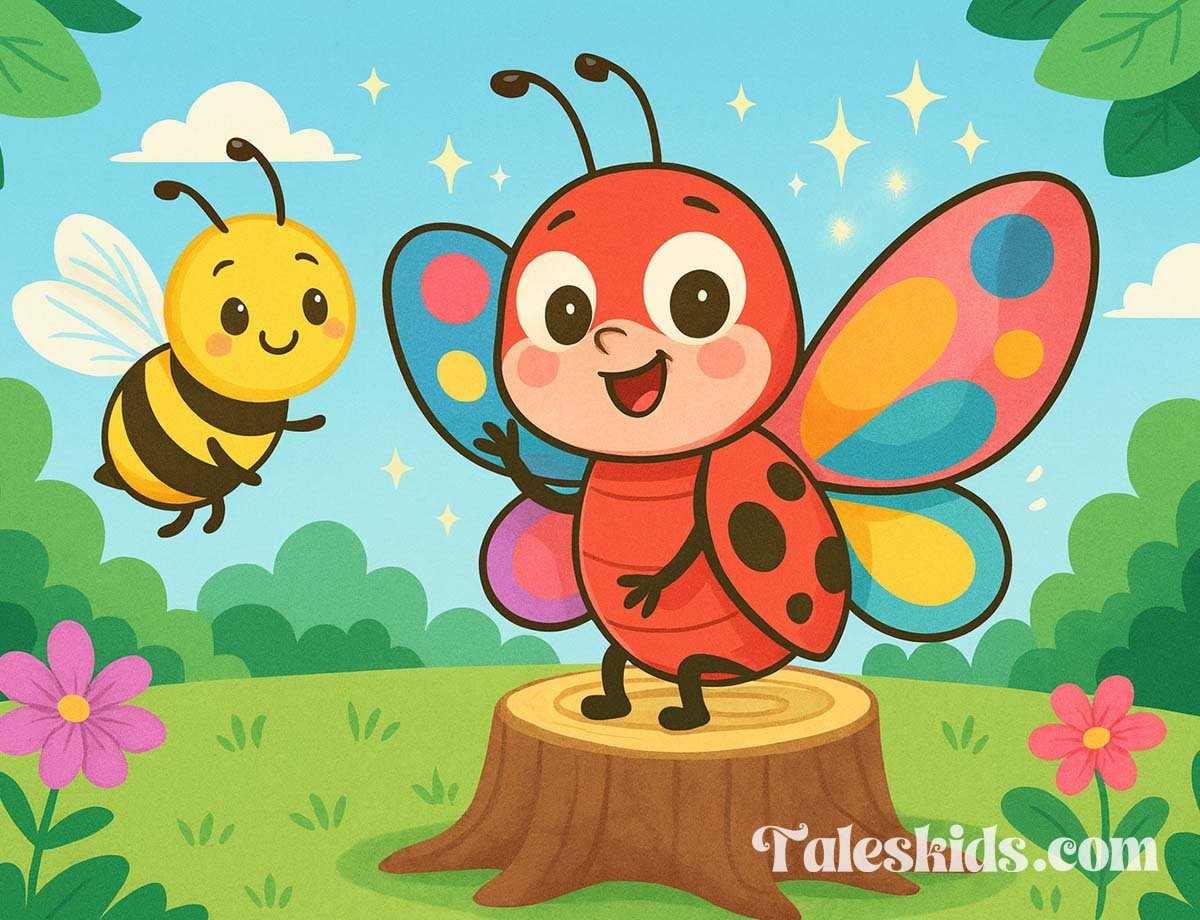 A cheerful cartoon ladybug with rainbow-colored wings waves from a tree stump, while her bumblebee friend hovers nearby in a sunny garden—perfect for bedtime stories for kids.