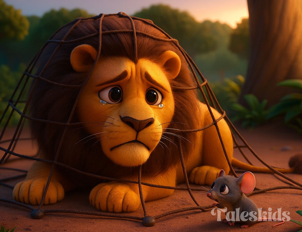 A cute Pixar-style lion trapped in a net as a small mouse tries to help, inspired by a classic kids story and bedtime story theme.
