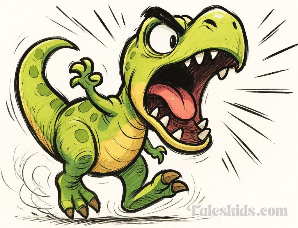 A cartoon-style baby T-Rex with an exaggerated expression lets out a tiny roar on a clean white background, drawn with expressive ink lines and vivid digital colors—illustration for bedtime stories for kids.