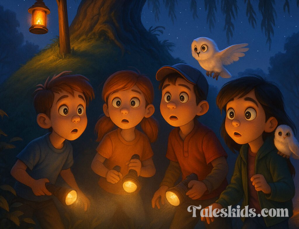illustration of four kids exploring Willow Hill at night, approaching a glowing lantern under spooky willow trees, from a Scary Campfire Story for Kids.
