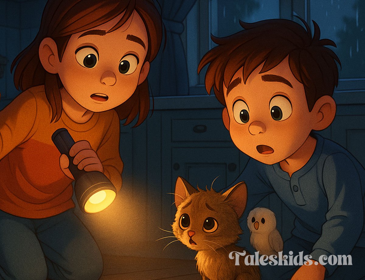illustration of two kids exploring their grandmother’s house at night with a flashlight, discovering a tiny kitten in a kitchen cabinet, from a Scary Campfire Story for Kids.