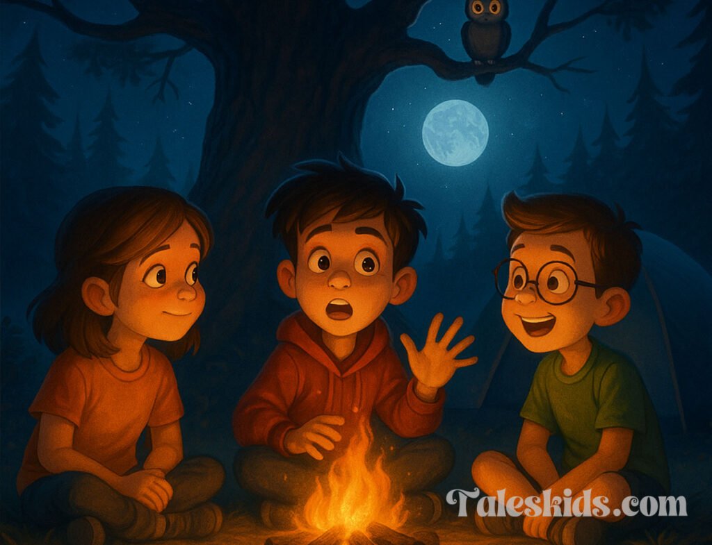 style illustration of three kids around a glowing campfire, looking toward a spooky tree in the forest, inspired by a Scary Campfire Story for Kids.