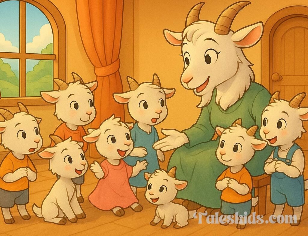 A colorful illustration showing a mother goat with her seven little goats inside a cozy cottage, inspired by the fairy tale “The 7 Little Goats and the Clever Mother,” perfect for bedtime stories for kids.