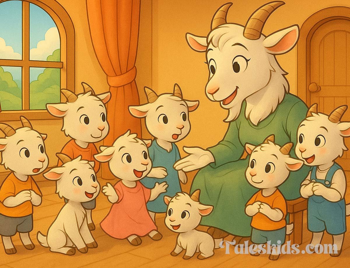 A colorful illustration showing a mother goat with her seven little goats inside a cozy cottage, inspired by the fairy tale “The 7 Little Goats and the Clever Mother,” perfect for bedtime stories for kids.