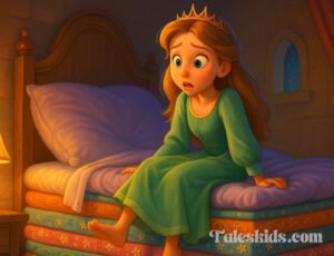 A gentle illustration of the princess trying to sleep on a tall stack of mattresses with a tiny pea hidden underneath, from the fairy tale “The Princess and the Pea.”