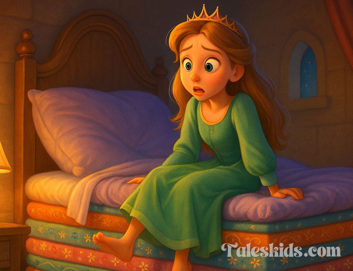 A gentle illustration of the princess trying to sleep on a tall stack of mattresses with a tiny pea hidden underneath, from the fairy tale “The Princess and the Pea.”