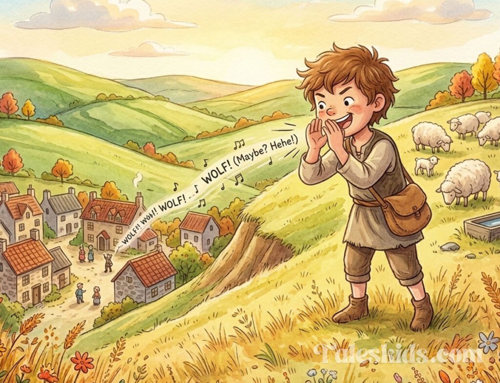 boy who cried wolf bedtime story illustration of Eli the shepherd calling wolf with no danger for kids