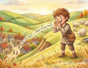 boy who cried wolf bedtime story illustration of Eli the shepherd calling wolf with no danger for kids