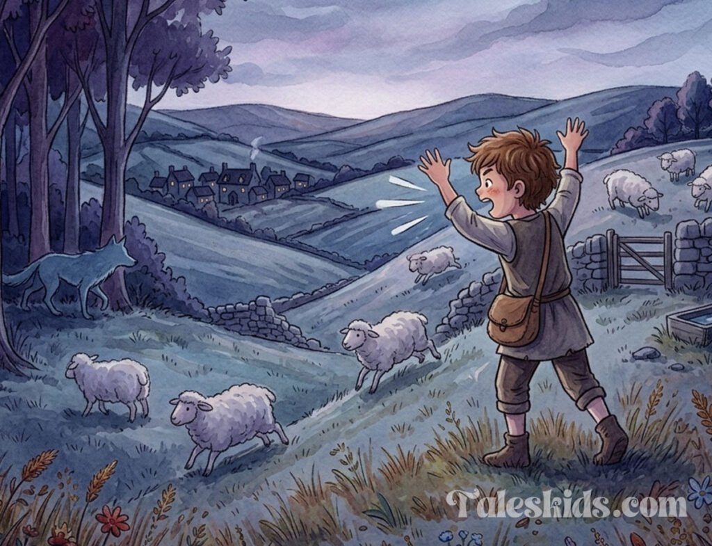 boy who cried wolf bedtime story illustration of Eli facing a real wolf and scattered sheep for kids