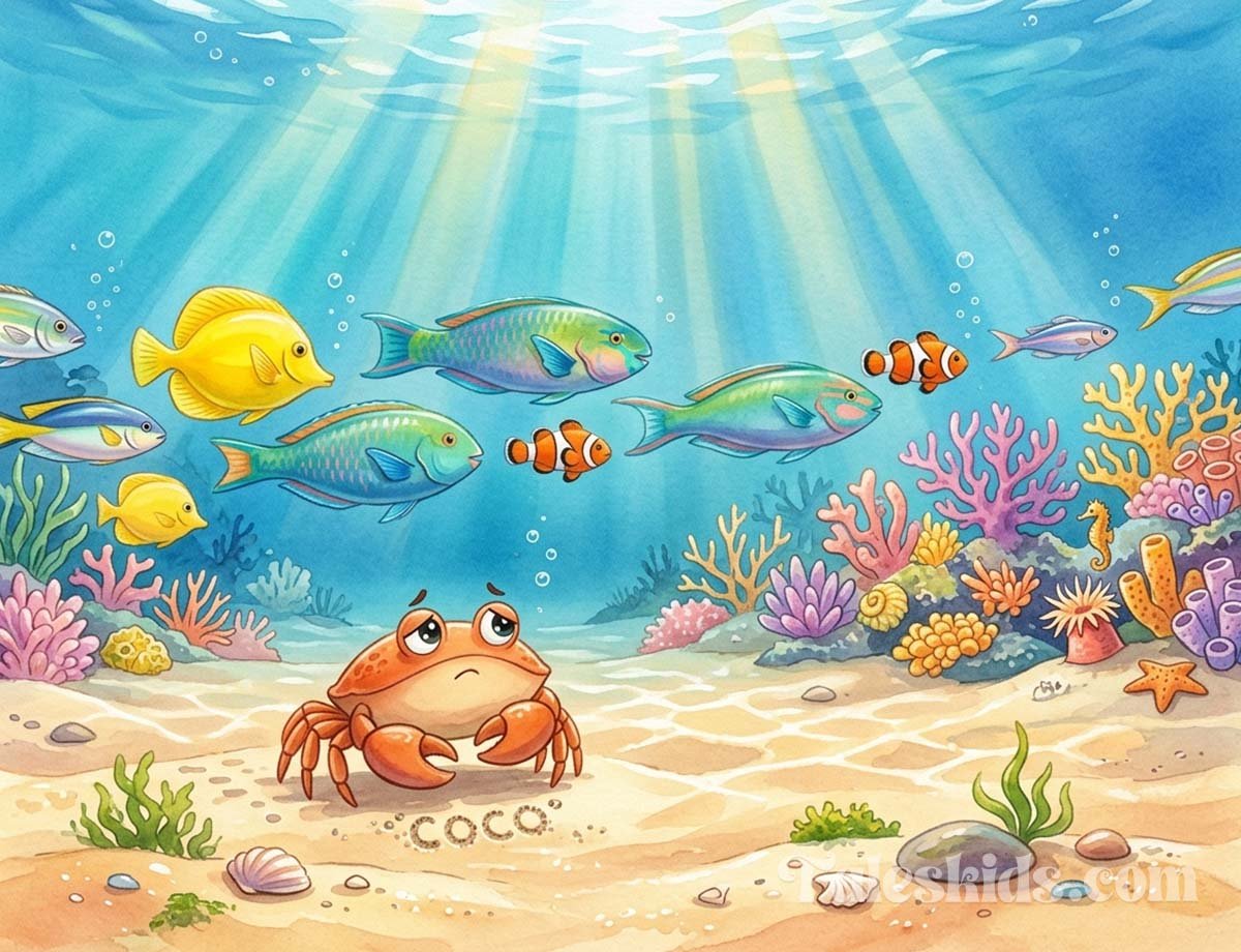 crab bedtime story illustration of Coco the crab watching fish swim straight past him for kids