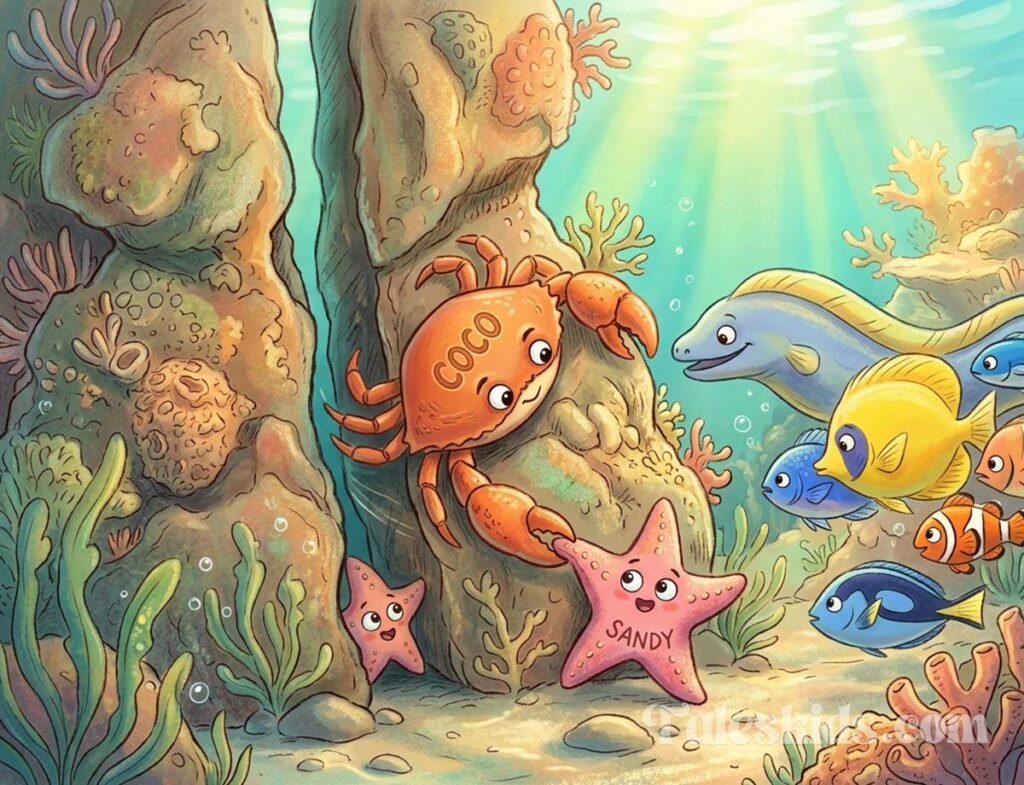 Crab bedtime story illustration of Coco the crab rescuing Sandy the starfish from a narrow coral gap for kids