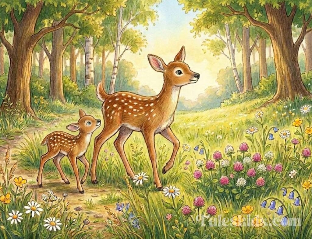 Deer bedtime story illustration of Daisy the deer proudly leading baby fawn Fern to the sweet clover patch for kids