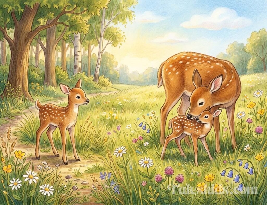 deer bedtime story illustration of Daisy the deer watching her mother care for the new baby fawn for kids