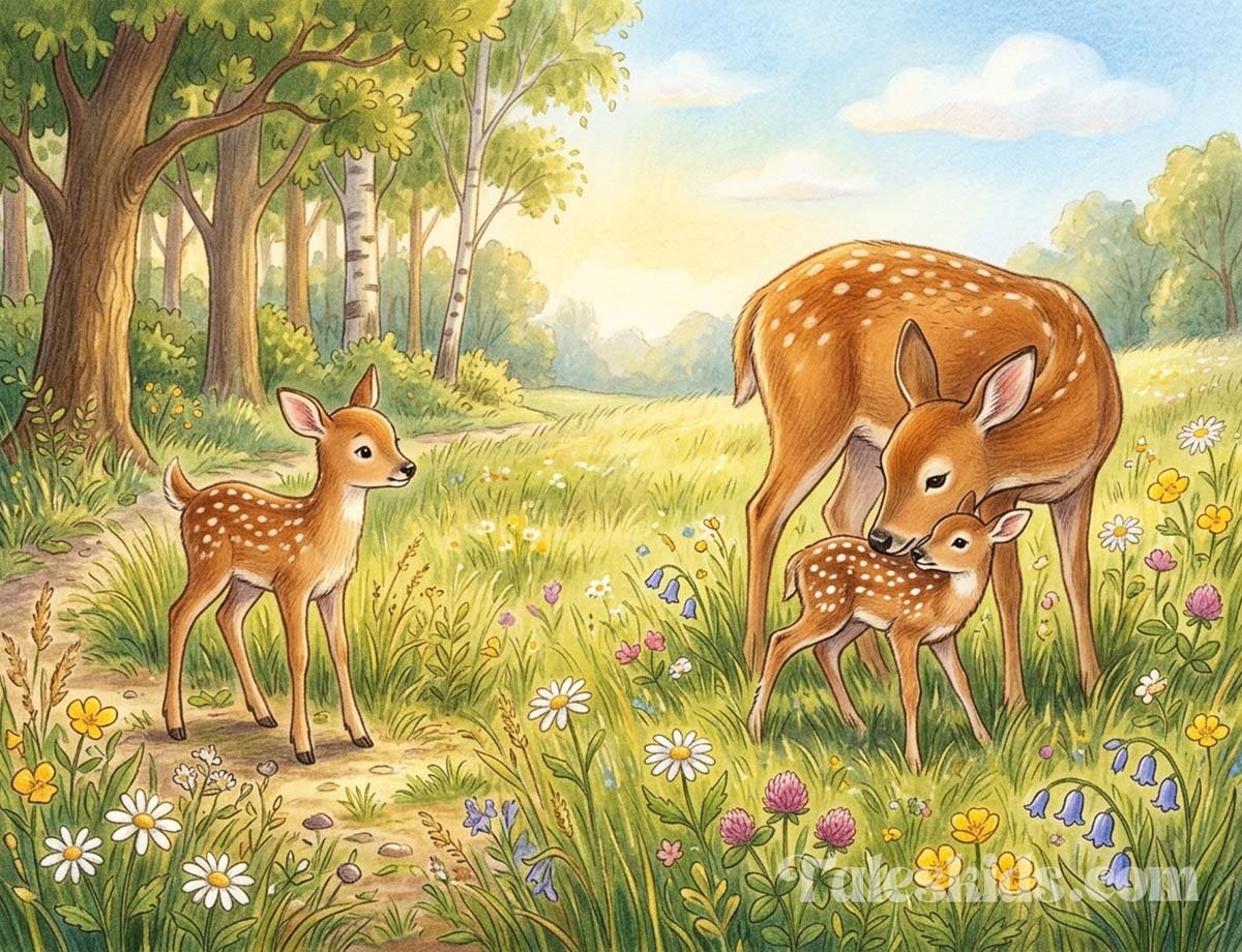 deer bedtime story illustration of Daisy the deer watching her mother care for the new baby fawn for kids
