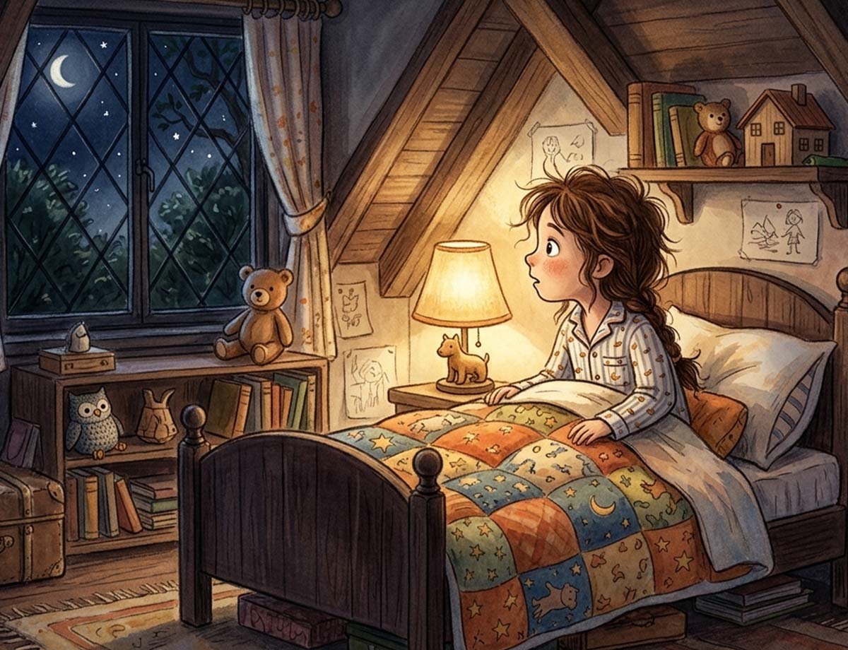 gentle scary story for kids showing Mara listening nervously to tapping at her window