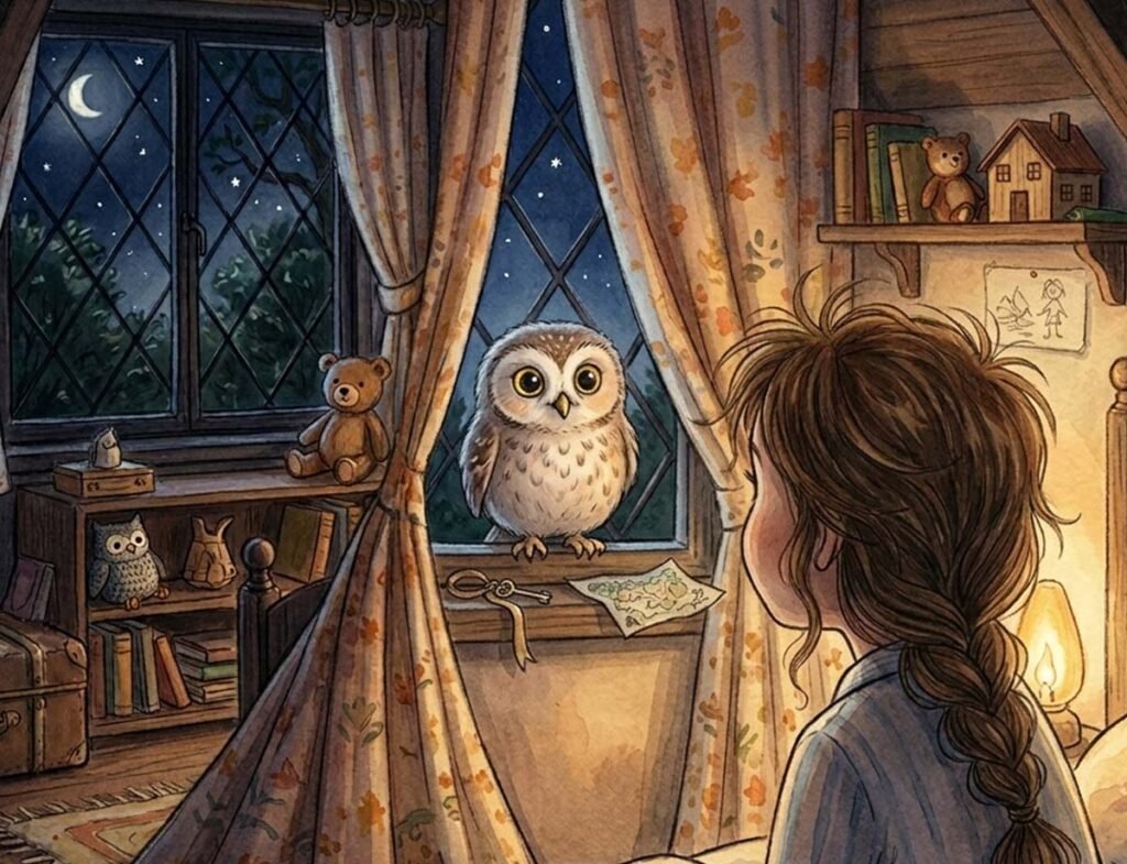 gentle scary story for kids showing Whit the owl perched on the windowsill at night