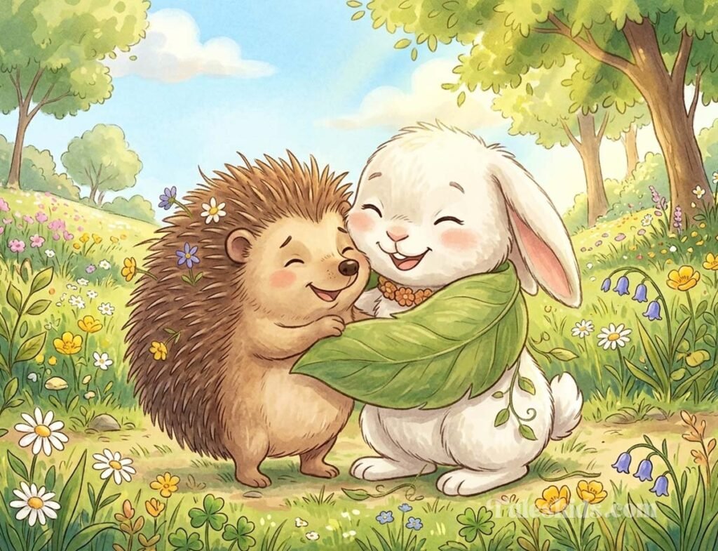 hedgehog bedtime story illustration of Buns hugging Hazel the hedgehog safely using a leaf wrap for kids
