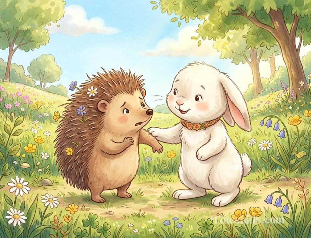 hedgehog bedtime story illustration of Hazel the hedgehog pulling back from hugging Buns the rabbit for kids