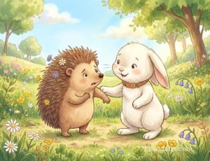 hedgehog bedtime story illustration of Hazel the hedgehog pulling back from hugging Buns the rabbit for kids