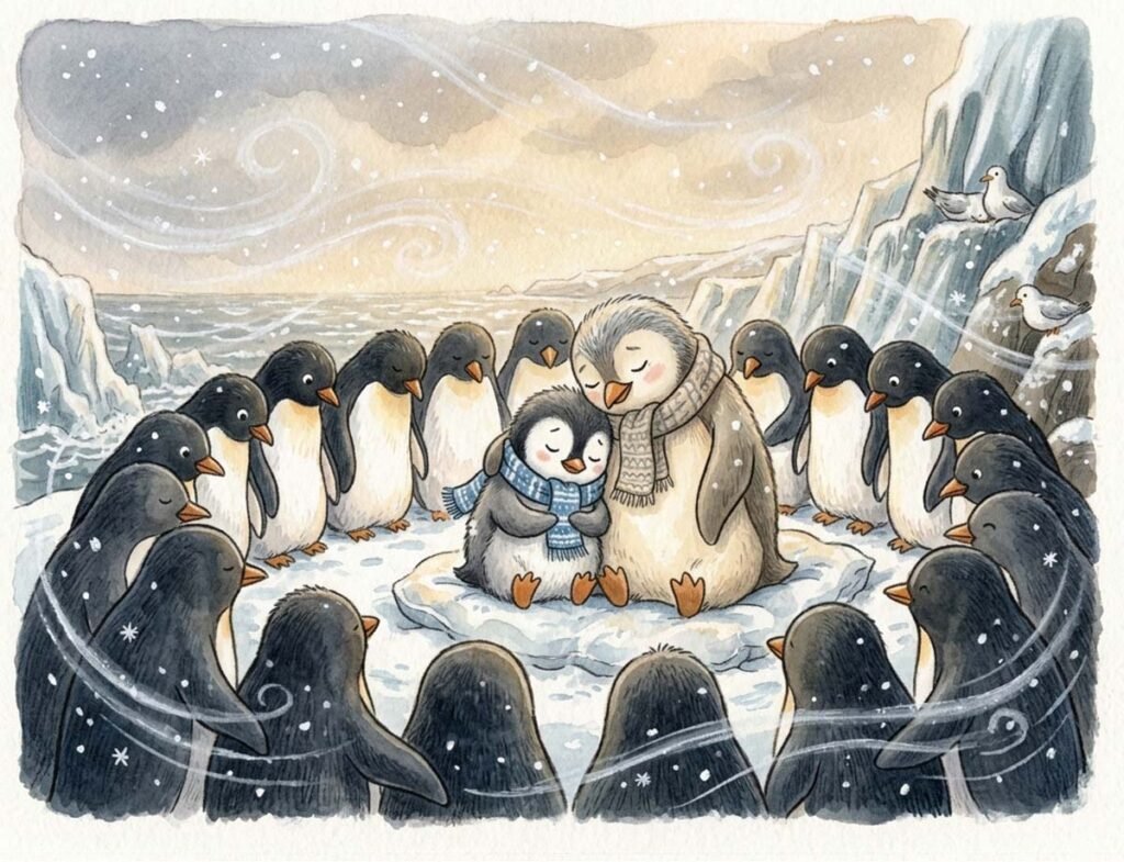 penguin bedtime story for kids showing Pip huddled with Nana Frost during the storm