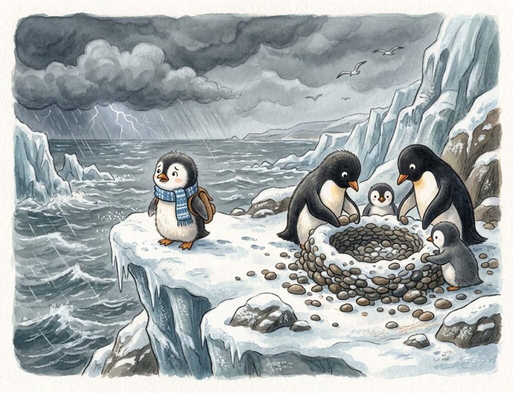 penguin bedtime story for kids showing Pip the penguin nervously watching a snowstorm approach