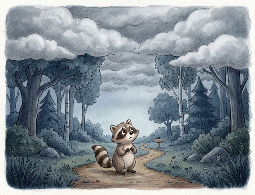 raccoon bedtime story illustration of Ruby the raccoon worried about missing moonlight for kids