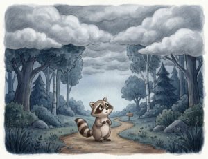 raccoon bedtime story illustration of Ruby the raccoon worried about missing moonlight for kids