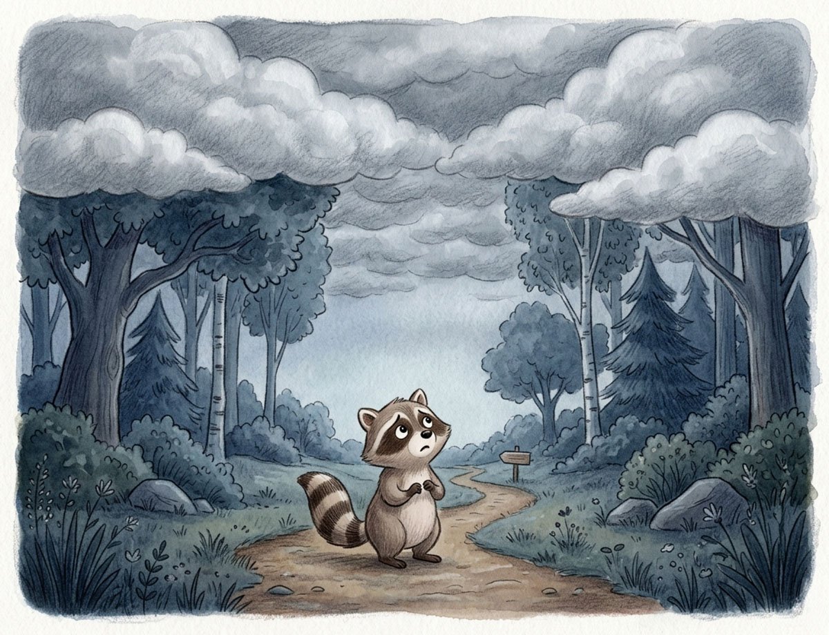 raccoon bedtime story illustration of Ruby the raccoon worried about missing moonlight for kids