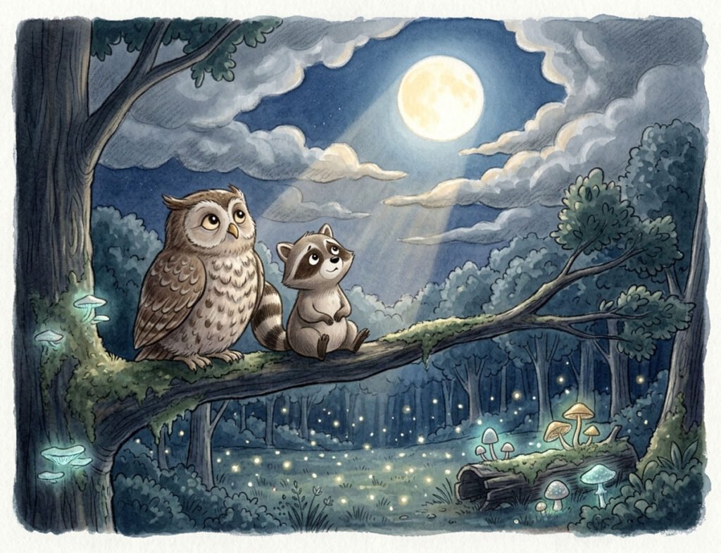 raccoon bedtime story illustration of Ruby the raccoon and Otto the owl watching the moonlight return for kids