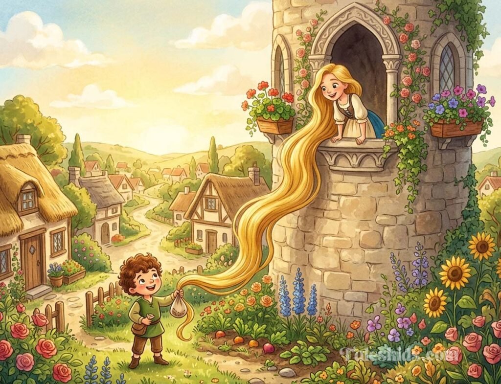 rapunzel bedtime story illustration of Rapunzel lowering her hair to Tomas in the garden below for kids