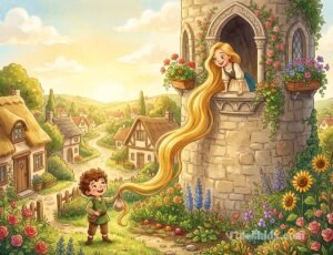 rapunzel bedtime story illustration of Rapunzel lowering her hair to Tomas in the garden below for kids