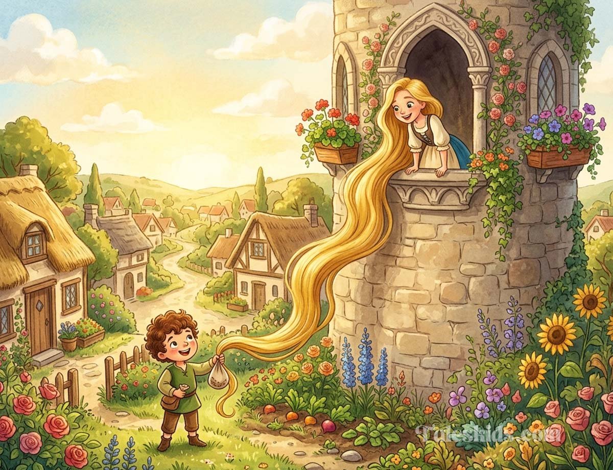 rapunzel bedtime story illustration of Rapunzel lowering her hair to Tomas in the garden below for kids