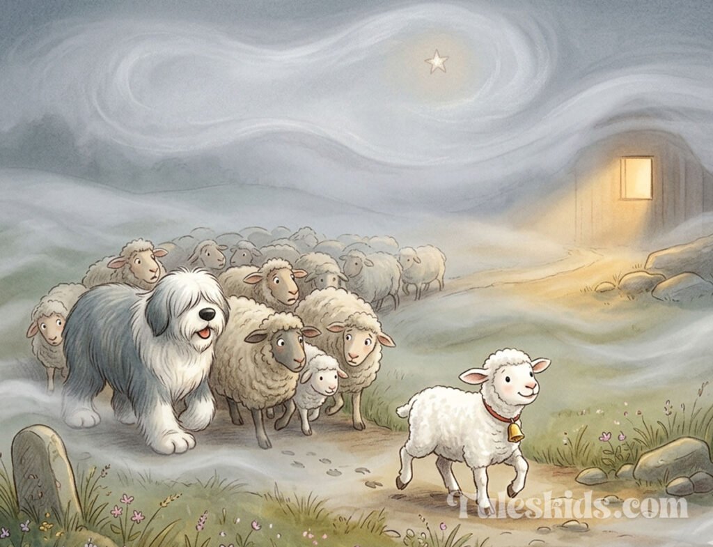 sheep bedtime story illustration of Stella the sheep leading the flock home through fog for kids