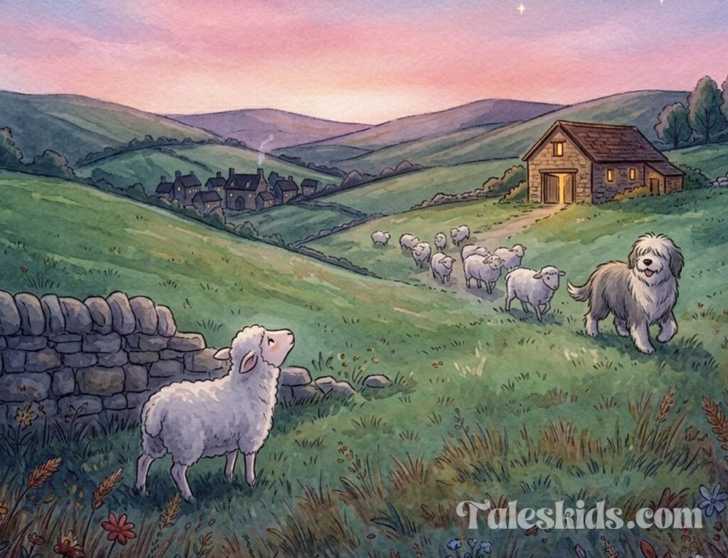 sheep bedtime story illustration of Stella the sheep gazing at the first star for kids