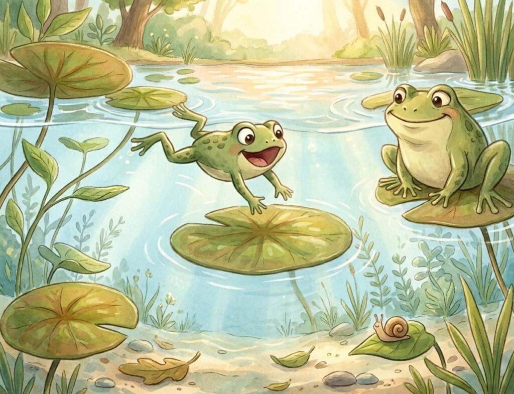 Tadpole bedtime story illustration of Theo the tadpole now a frog hopping onto a lily pad for kids