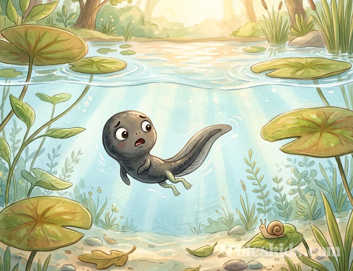 tadpole bedtime story illustration of Theo the tadpole discovering his new legs for kids