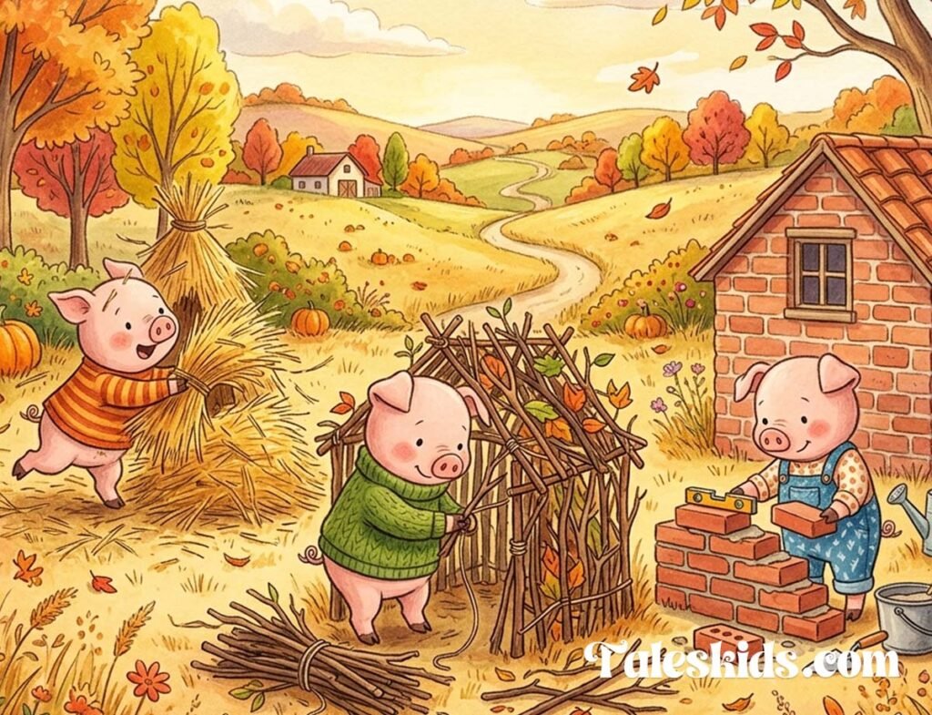 three little pigs bedtime story illustration of three pig siblings building straw, stick, and brick houses for kids