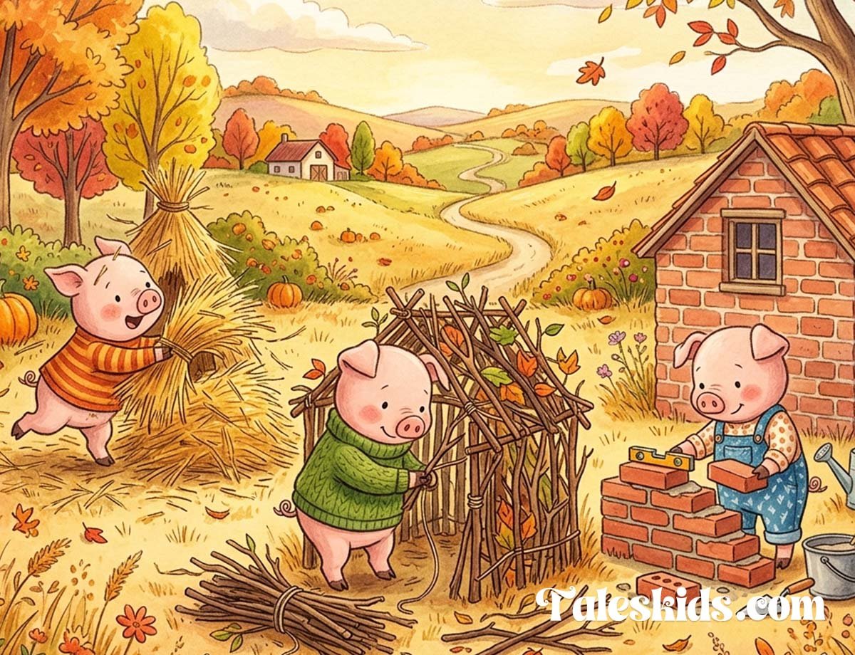 three little pigs bedtime story illustration of three pig siblings building straw, stick, and brick houses for kids