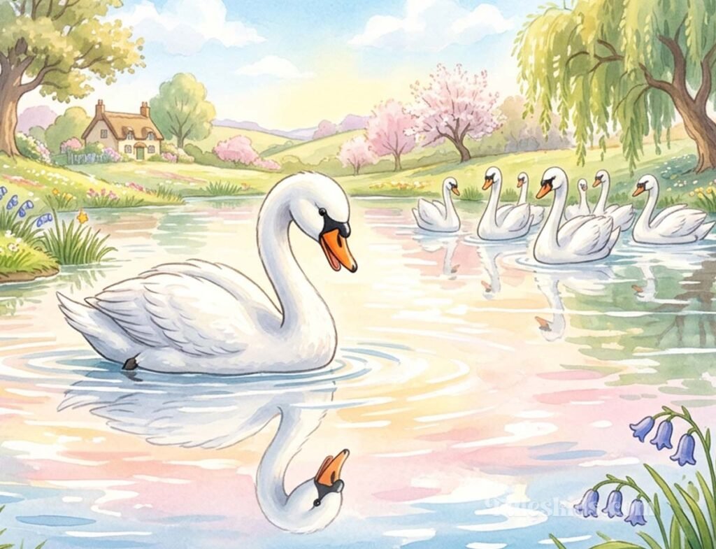 ugly duckling bedtime story illustration of Fenwick discovering he is a beautiful swan for kids
