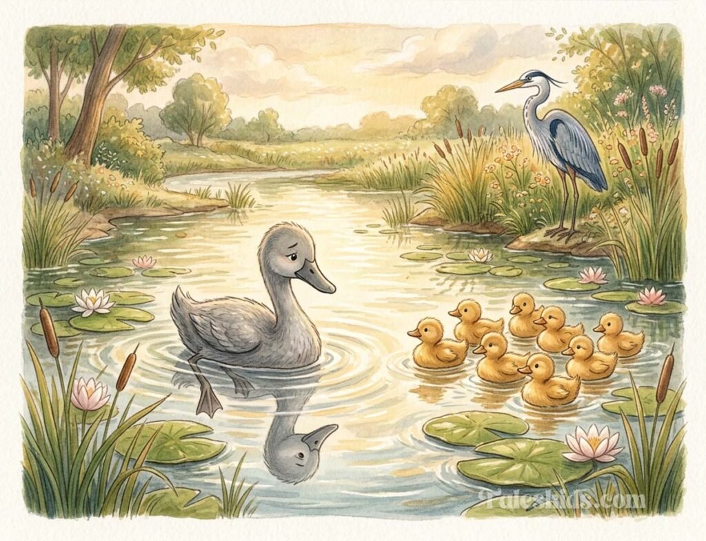 ugly duckling bedtime story illustration of Fenwick the gray duckling feeling different from the golden flock for kids