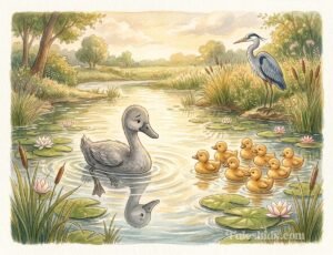 ugly duckling bedtime story illustration of Fenwick the gray duckling feeling different from the golden flock for kids