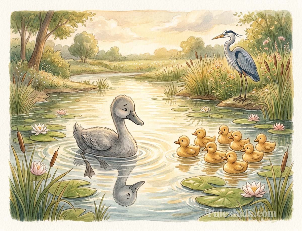 ugly duckling bedtime story illustration of Fenwick the gray duckling feeling different from the golden flock for kids