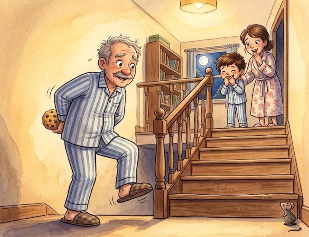 creaking stair bedtime story illustration of Grandpa Lio caught sneaking cookies on the staircase for kids