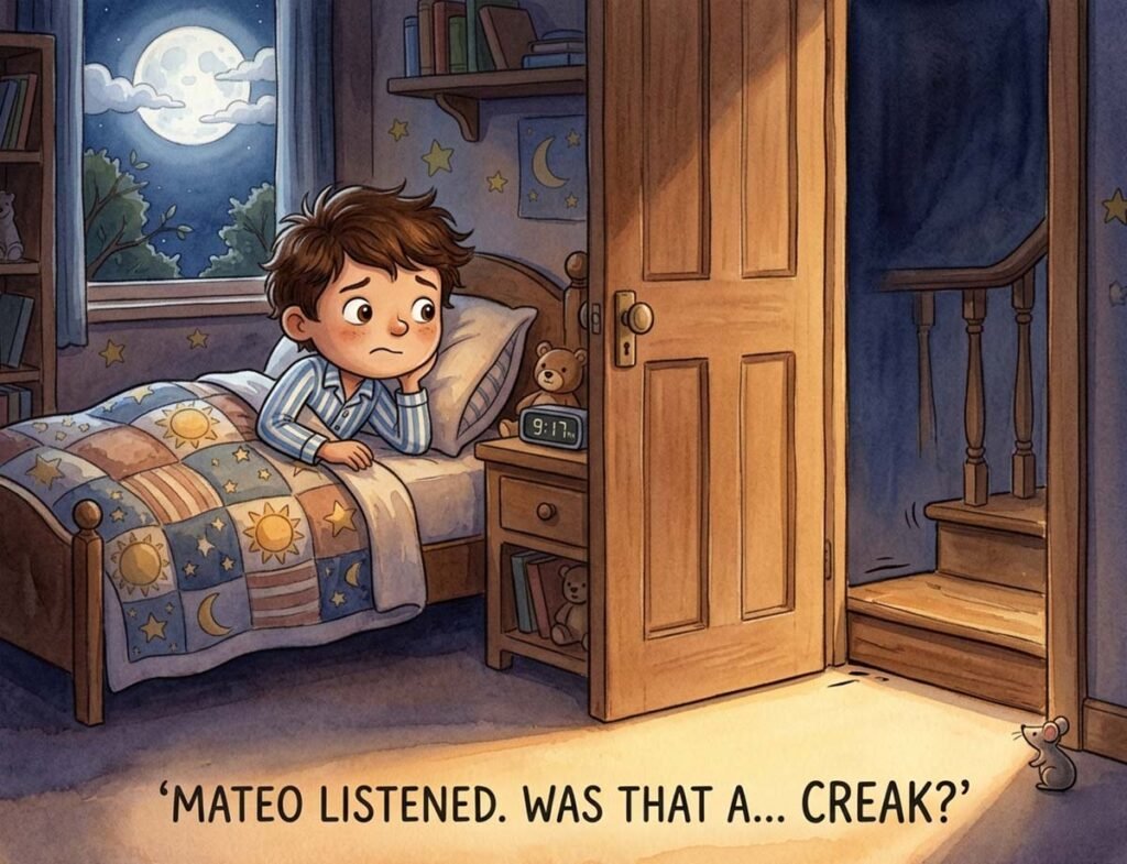 creaking stair bedtime story illustration of Mateo lying awake listening to the mysterious stair for kids