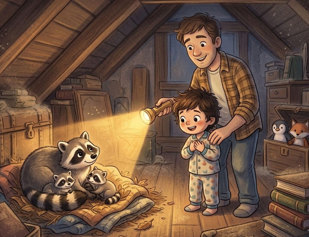 footsteps bedtime story illustration of Wren and dad discovering raccoon family in the attic for kids