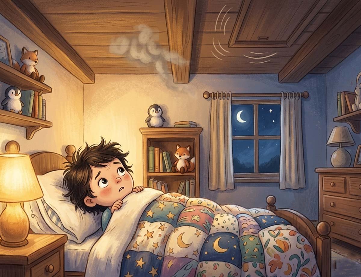 footsteps bedtime story illustration of Wren the child listening to attic sounds at night for kids