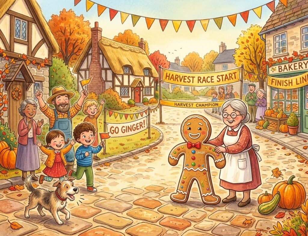 gingerbread man bedtime story illustration of Ginger at the village harvest race celebration for kids