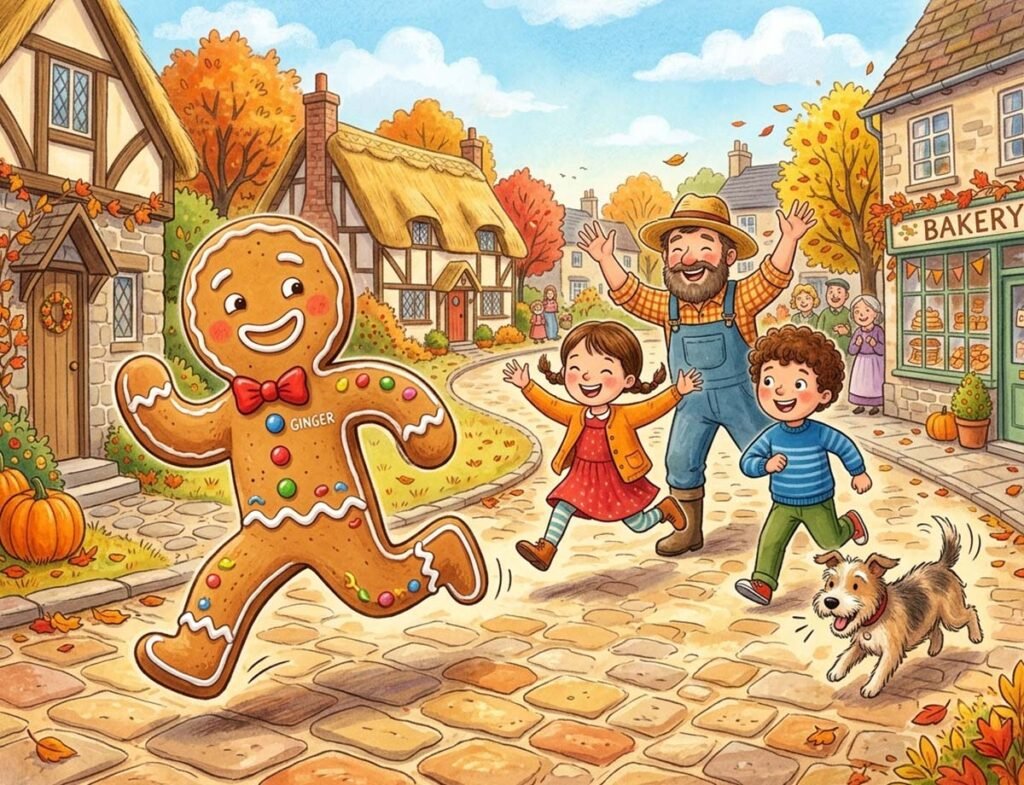 gingerbread man bedtime story illustration of Ginger the gingerbread man racing through the village for kids