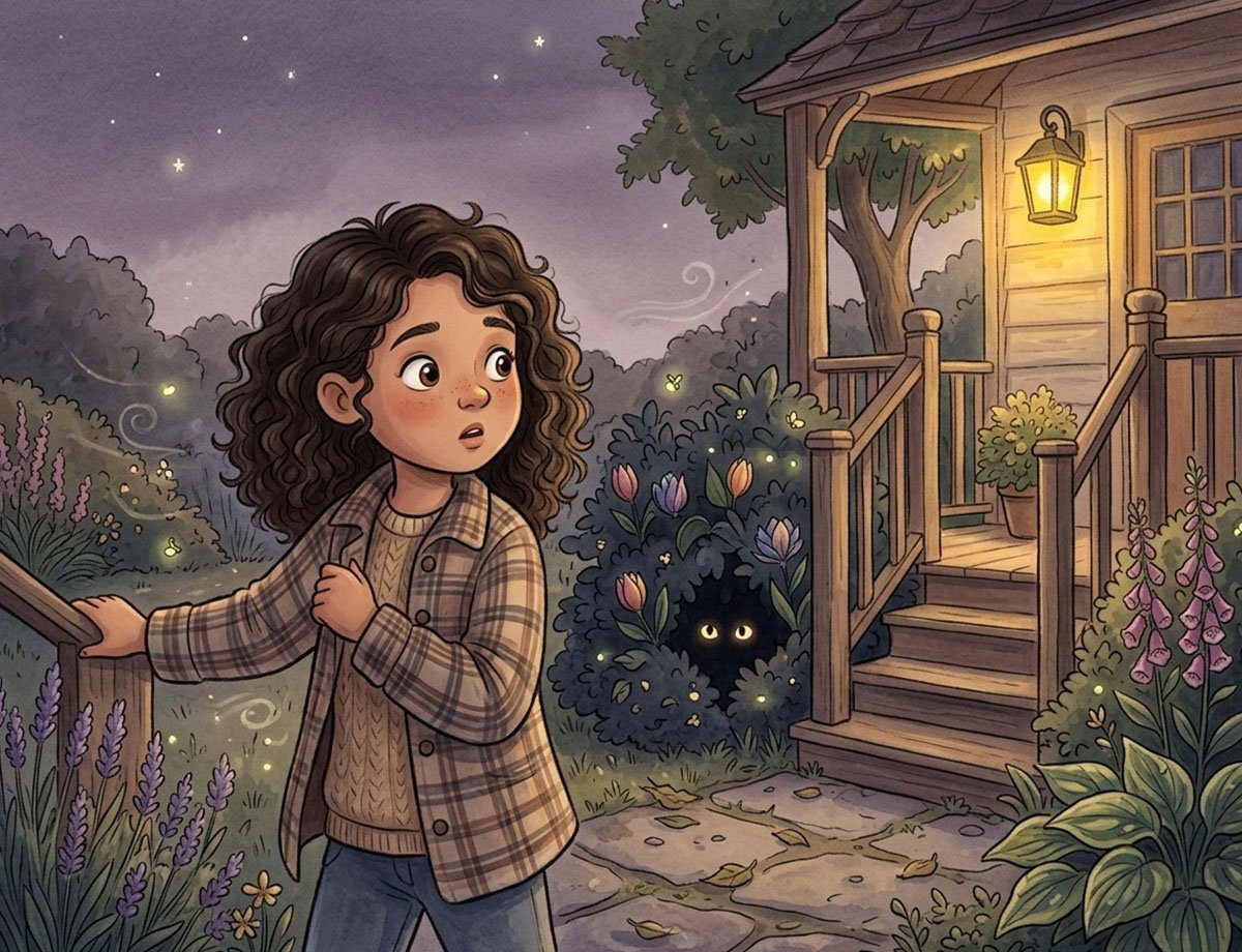 glowing eyes bedtime story illustration of Mira spotting glowing eyes in the garden for kids